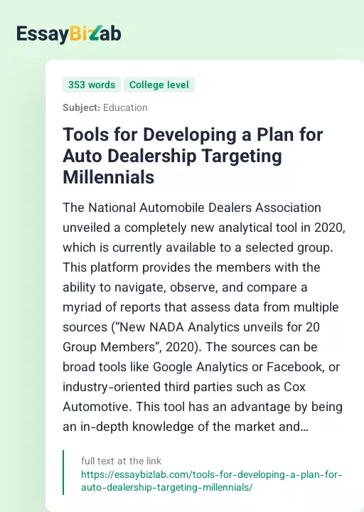 Tools for Developing a Plan for Auto Dealership Targeting Millennials - Essay Preview