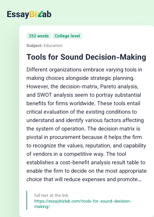 Tools for Sound Decision-Making - Essay Preview