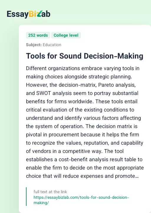 Tools For Sound Decision Making