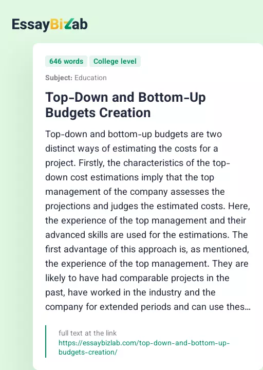 Top-Down and Bottom-Up Budgets Creation - Essay Preview