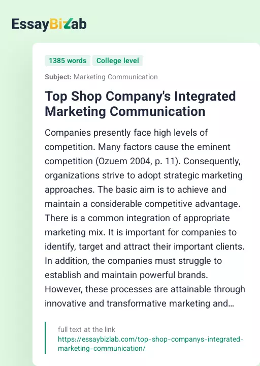 Top Shop Company's Integrated Marketing Communication - Essay Preview