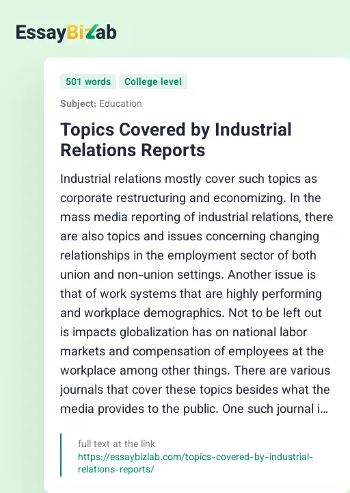 Topics Covered by Industrial Relations Reports - Essay Preview