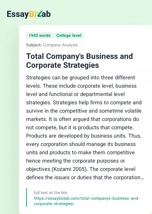 Total Company's Business and Corporate Strategies - Essay Preview