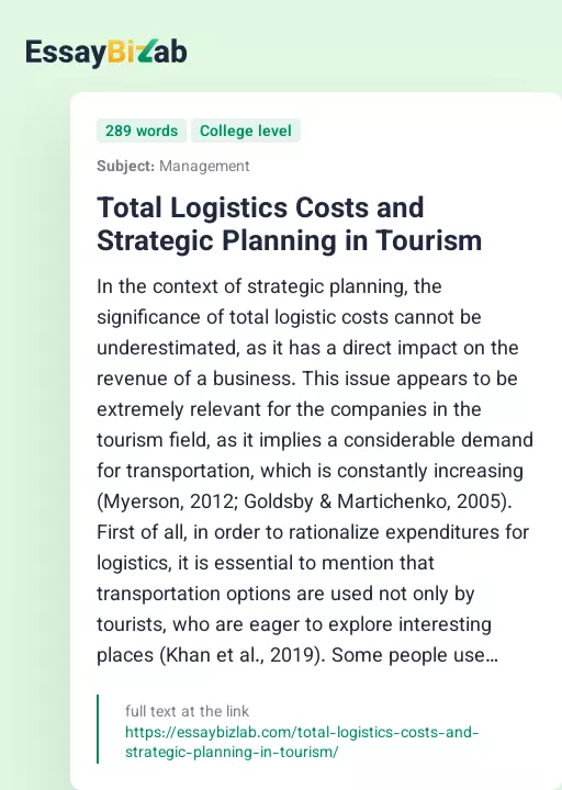 Total Logistics Costs and Strategic Planning in Tourism - Essay Preview