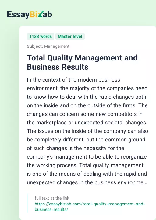 Total Quality Management and Business Results - Essay Preview