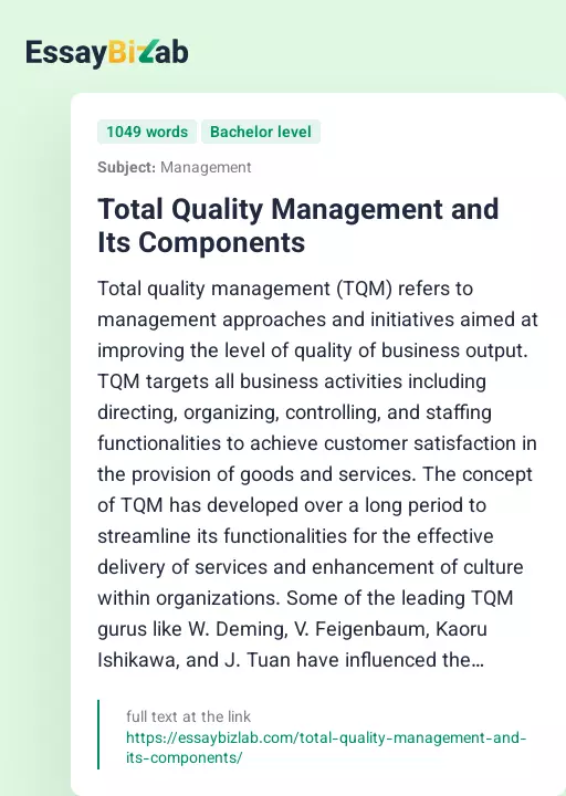 Total Quality Management and Its Components - Essay Preview