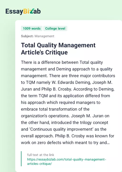 Total Quality Management Article's Critique - Essay Preview