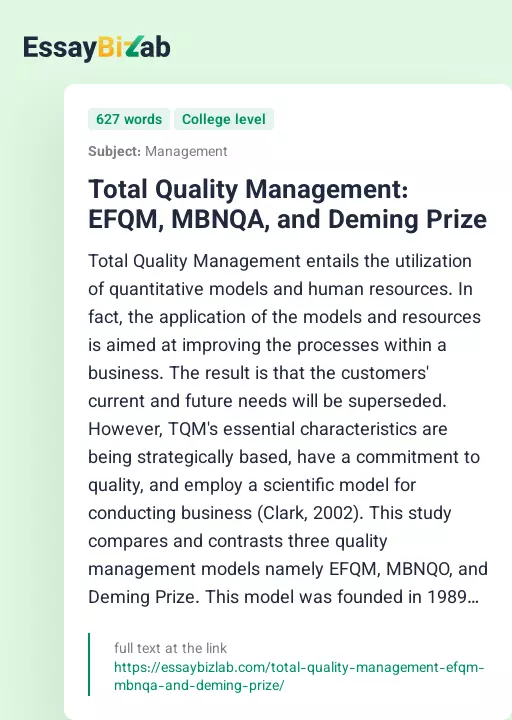 Total Quality Management: EFQM, MBNQA, and Deming Prize - Essay Preview
