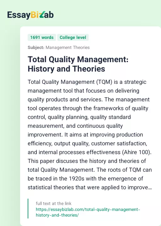 Total Quality Management: History and Theories - Essay Preview