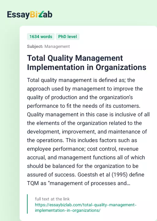 Total Quality Management Implementation in Organizations - Essay Preview