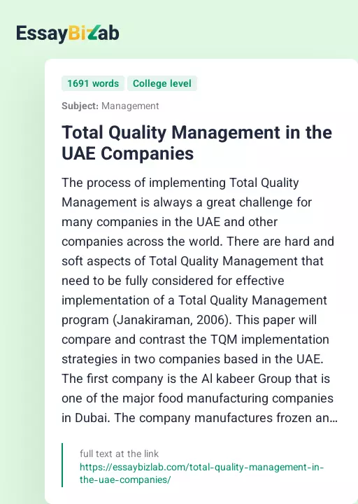 Total Quality Management in the UAE Companies - Essay Preview