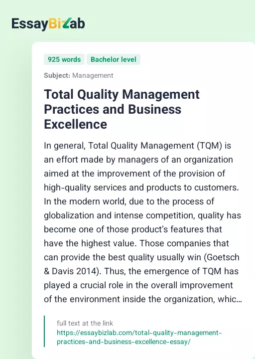 Total Quality Management Practices and Business Excellence - Essay Preview