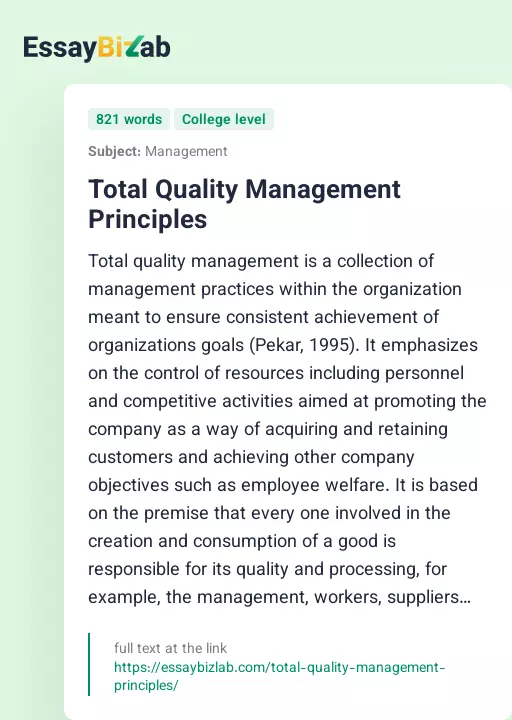 Total Quality Management Principles - Essay Preview