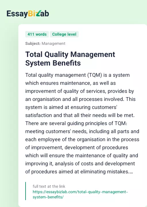 Total Quality Management System Benefits - Essay Preview
