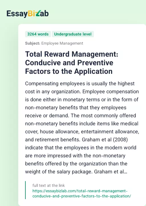 Total Reward Management: Conducive and Preventive Factors to the Application - Essay Preview