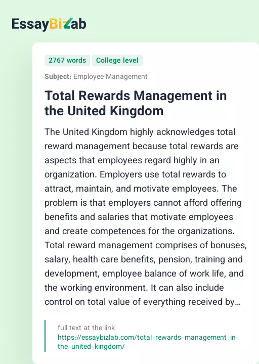 Total Rewards Management in the United Kingdom - Essay Preview
