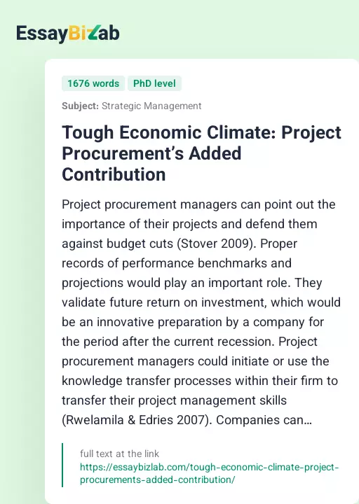Tough Economic Climate: Project Procurement’s Added Contribution - Essay Preview