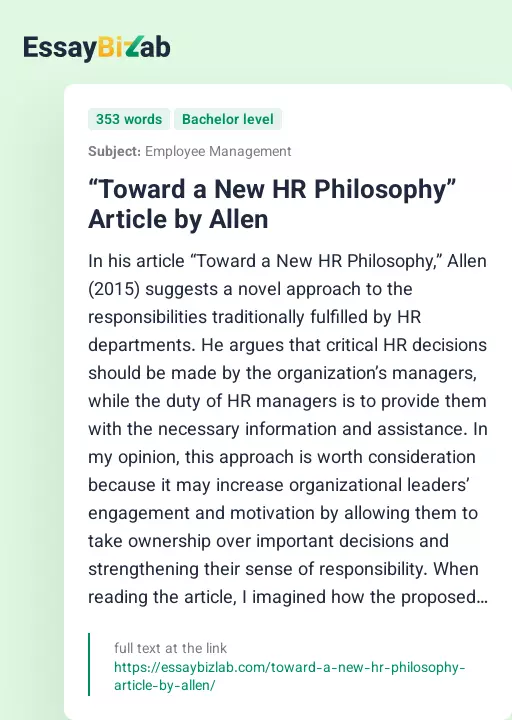 “Toward a New HR Philosophy” Article by Allen - Essay Preview
