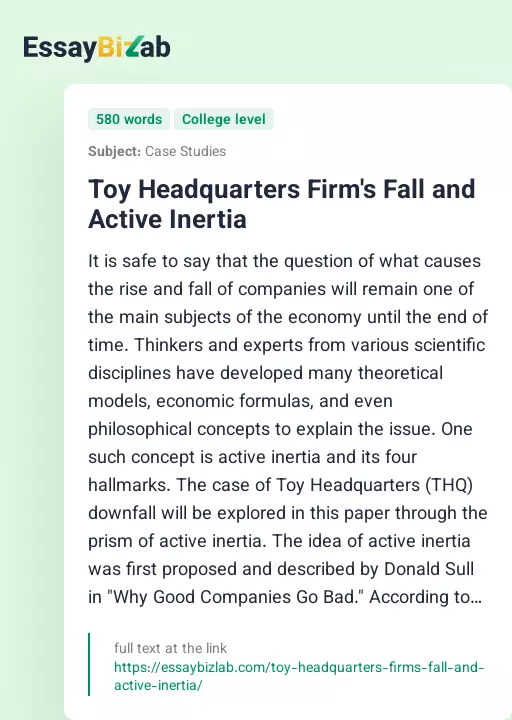 Toy Headquarters Firm's Fall and Active Inertia - Essay Preview