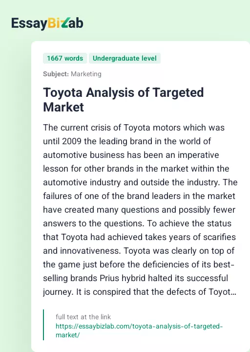 Toyota Analysis of Targeted Market - Essay Preview