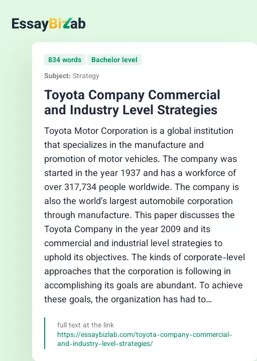 Toyota Company Commercial and Industry Level Strategies - Essay Preview