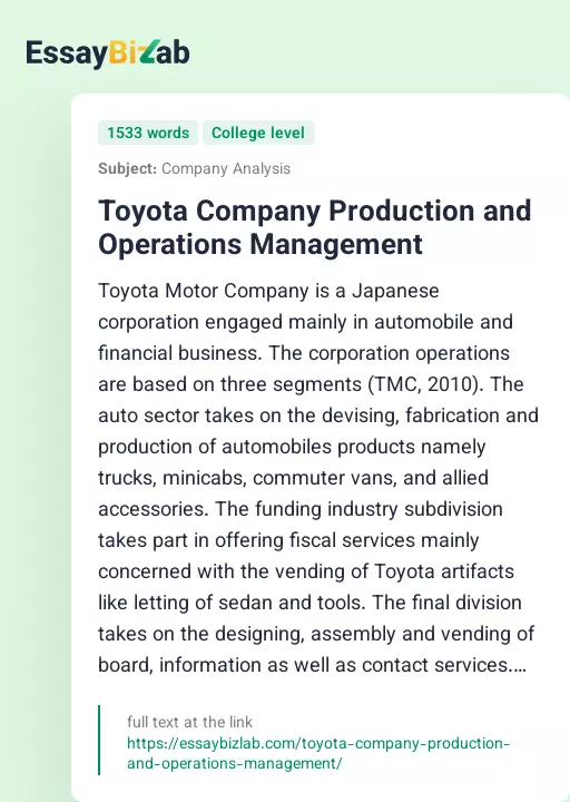 Toyota Company Production and Operations Management - Essay Preview