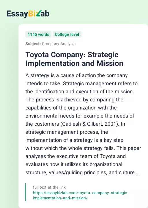 Toyota Company: Strategic Implementation and Mission - Essay Preview