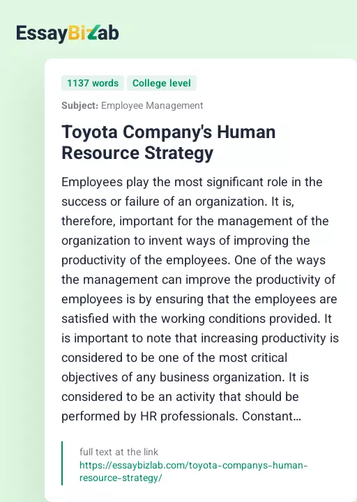 Toyota Company's Human Resource Strategy - Essay Preview