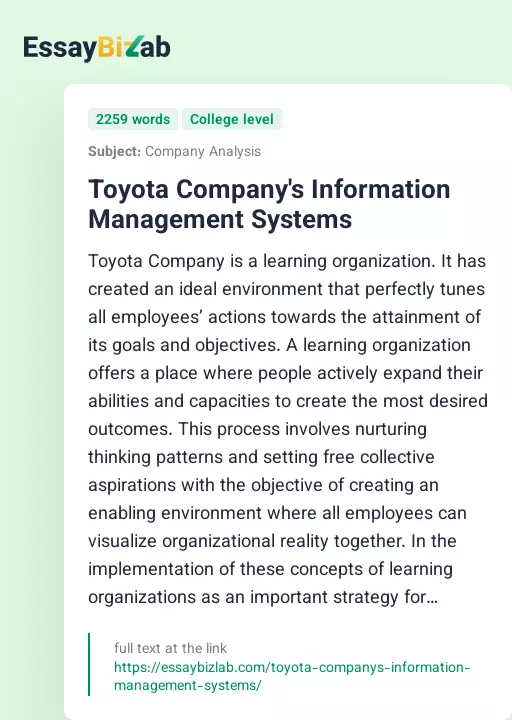 Toyota Company's Information Management Systems - Essay Preview