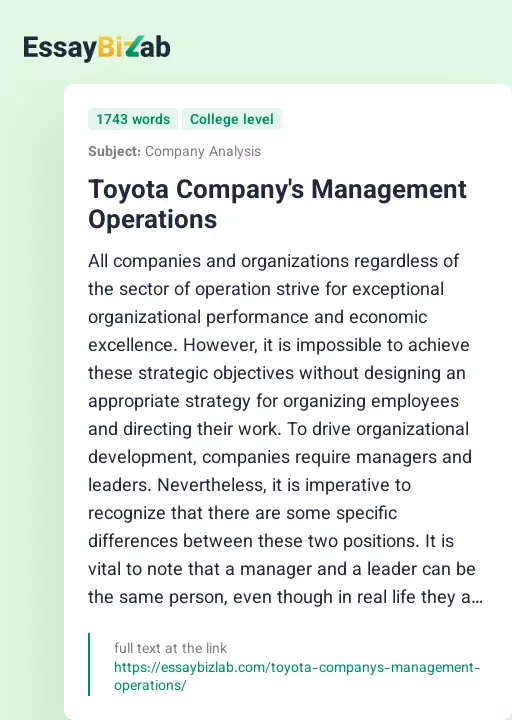 Toyota Company's Management Operations - Essay Preview