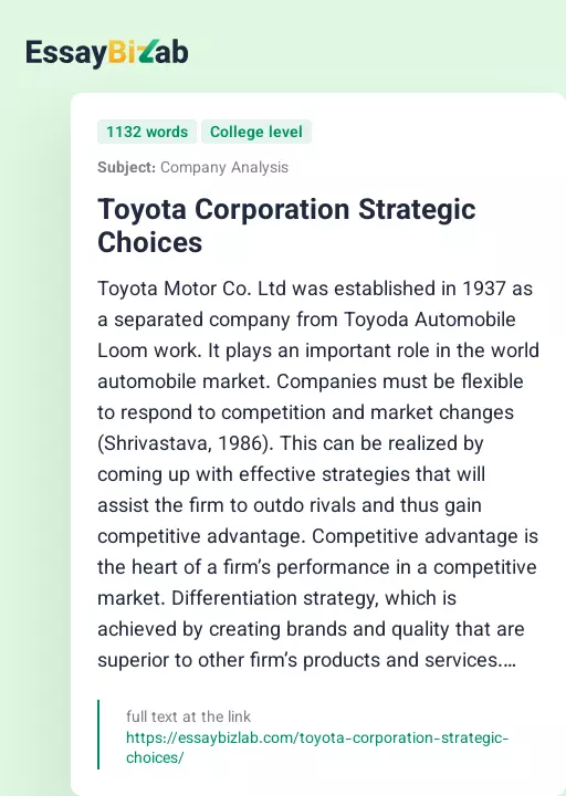 Toyota Corporation Strategic Choices - Essay Preview