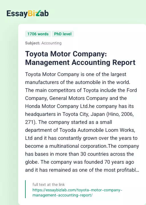 Toyota Motor Company: Management Accounting Report - Essay Preview