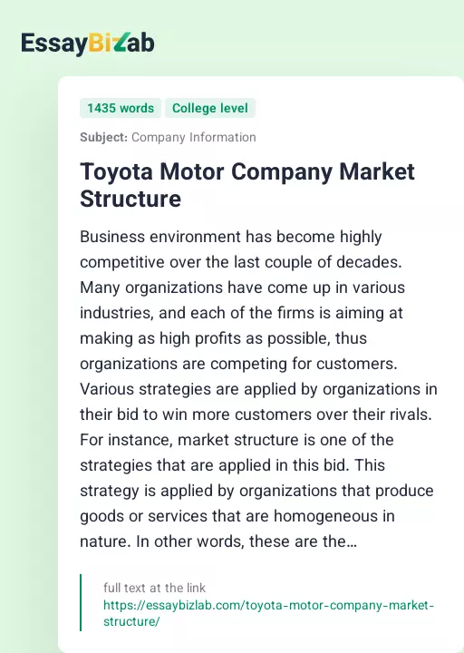 Toyota Motor Company Market Structure - Essay Preview