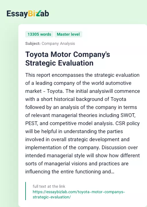 Toyota Motor Company's Strategic Evaluation - Essay Preview