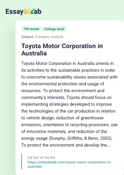 Toyota Motor Corporation in Australia - Essay Preview
