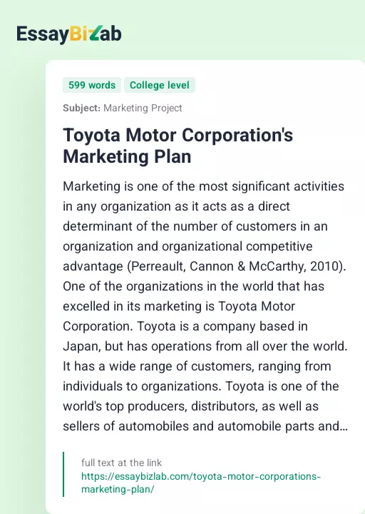 Toyota Motor Corporation's Marketing Plan - Essay Preview