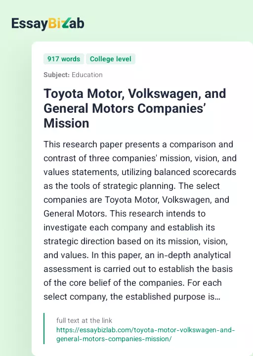 Toyota Motor, Volkswagen, and General Motors Companies’ Mission - Essay Preview