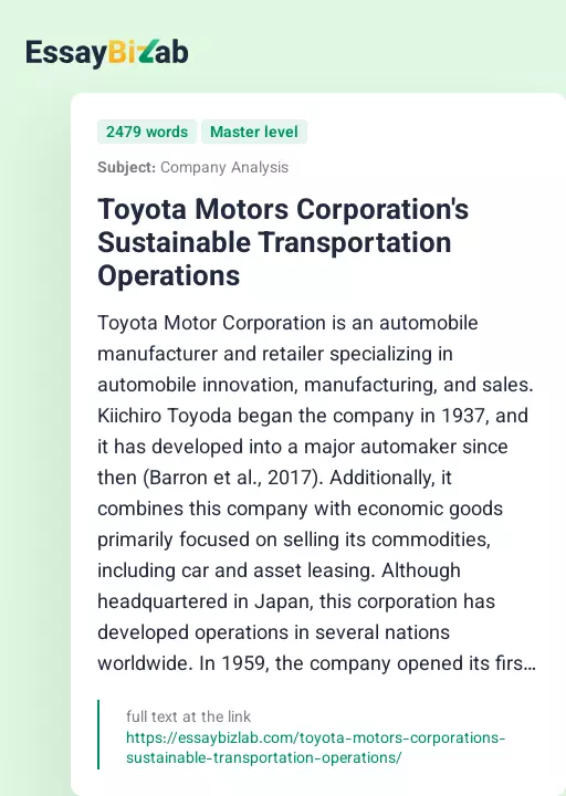 Toyota Motors Corporation's Sustainable Transportation Operations - Essay Preview