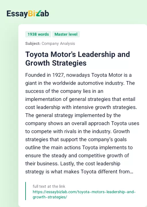 Toyota Motor's Leadership and Growth Strategies - Essay Preview
