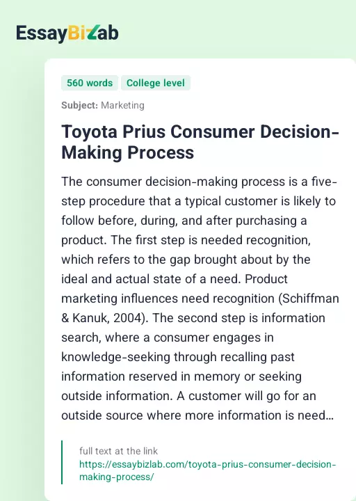 Toyota Prius Consumer Decision-Making Process - Essay Preview