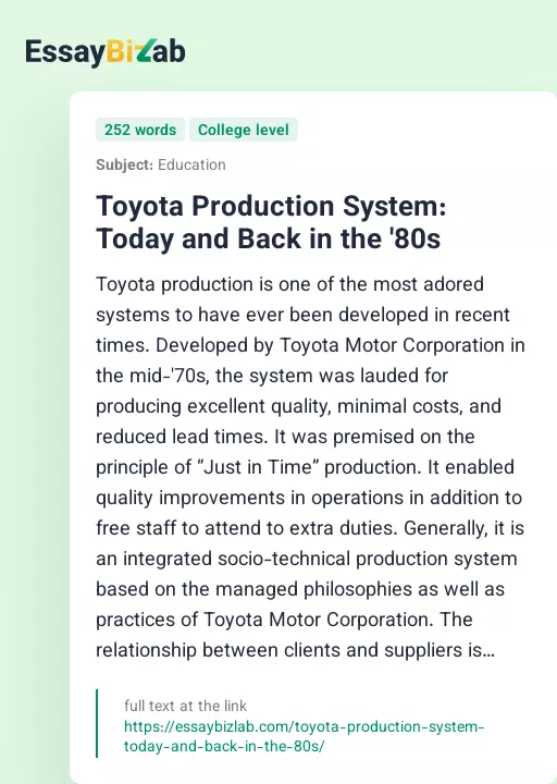 Toyota Production System: Today and Back in the '80s - Essay Preview