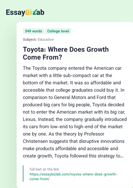 Toyota: Where Does Growth Come From? - Essay Preview