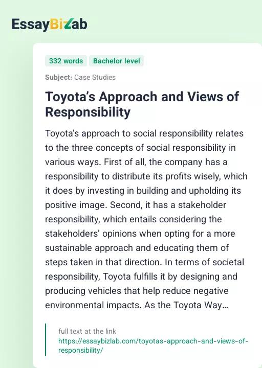 Toyota’s Approach and Views of Responsibility - Essay Preview
