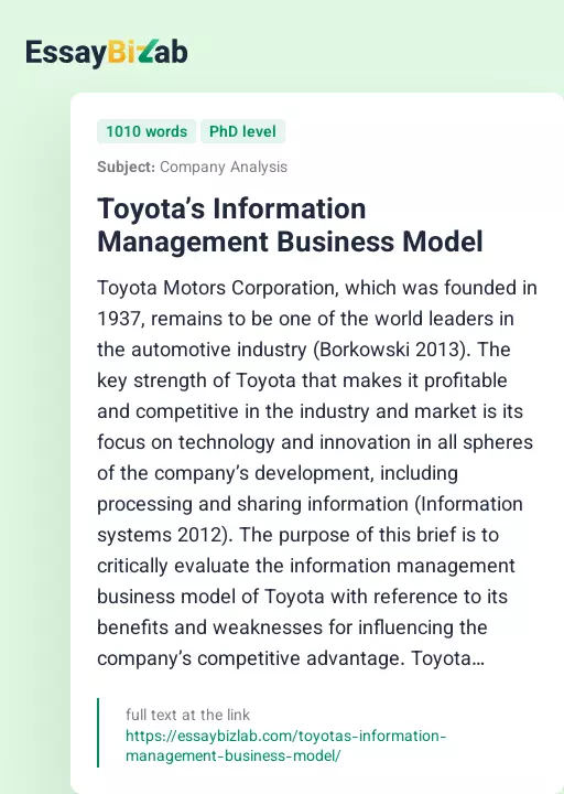 Toyota’s Information Management Business Model - Essay Preview
