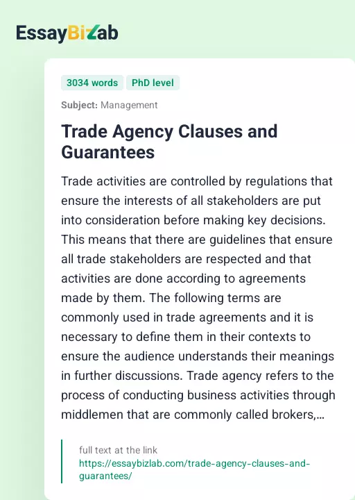 Trade Agency Clauses and Guarantees - Essay Preview