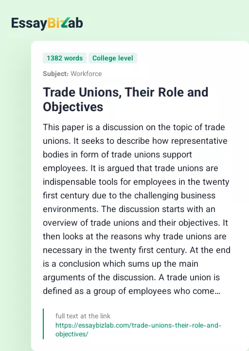 Trade Unions, Their Role and Objectives - Essay Preview