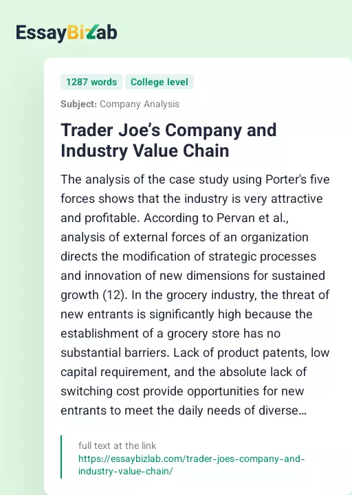Trader Joe’s Company and Industry Value Chain - Essay Preview