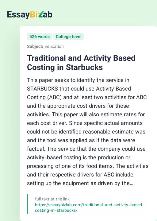 Traditional and Activity Based Costing in Starbucks - Essay Preview