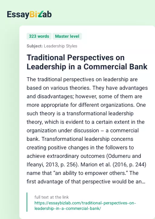 Traditional Perspectives on Leadership in a Commercial Bank - Essay Preview