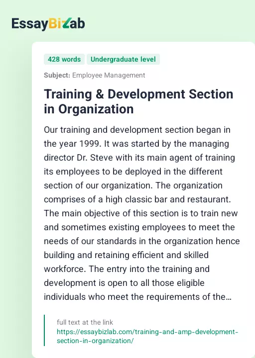 Training & Development Section in Organization - Essay Preview